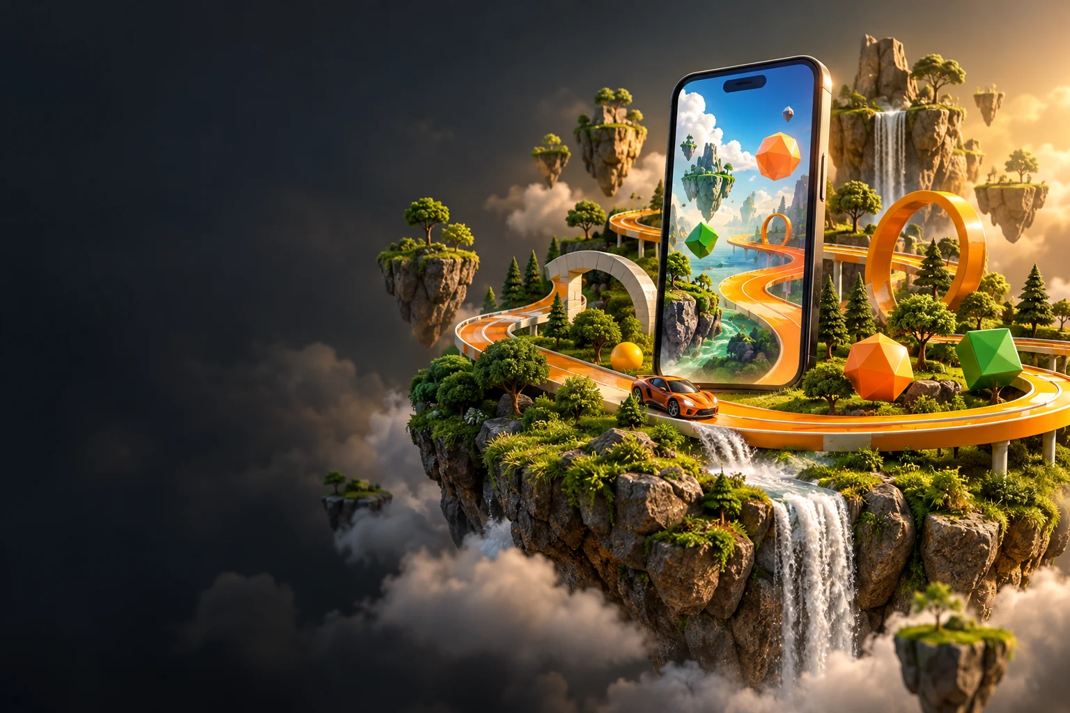 A conceptual mobile game world with a racing track and lush floating island